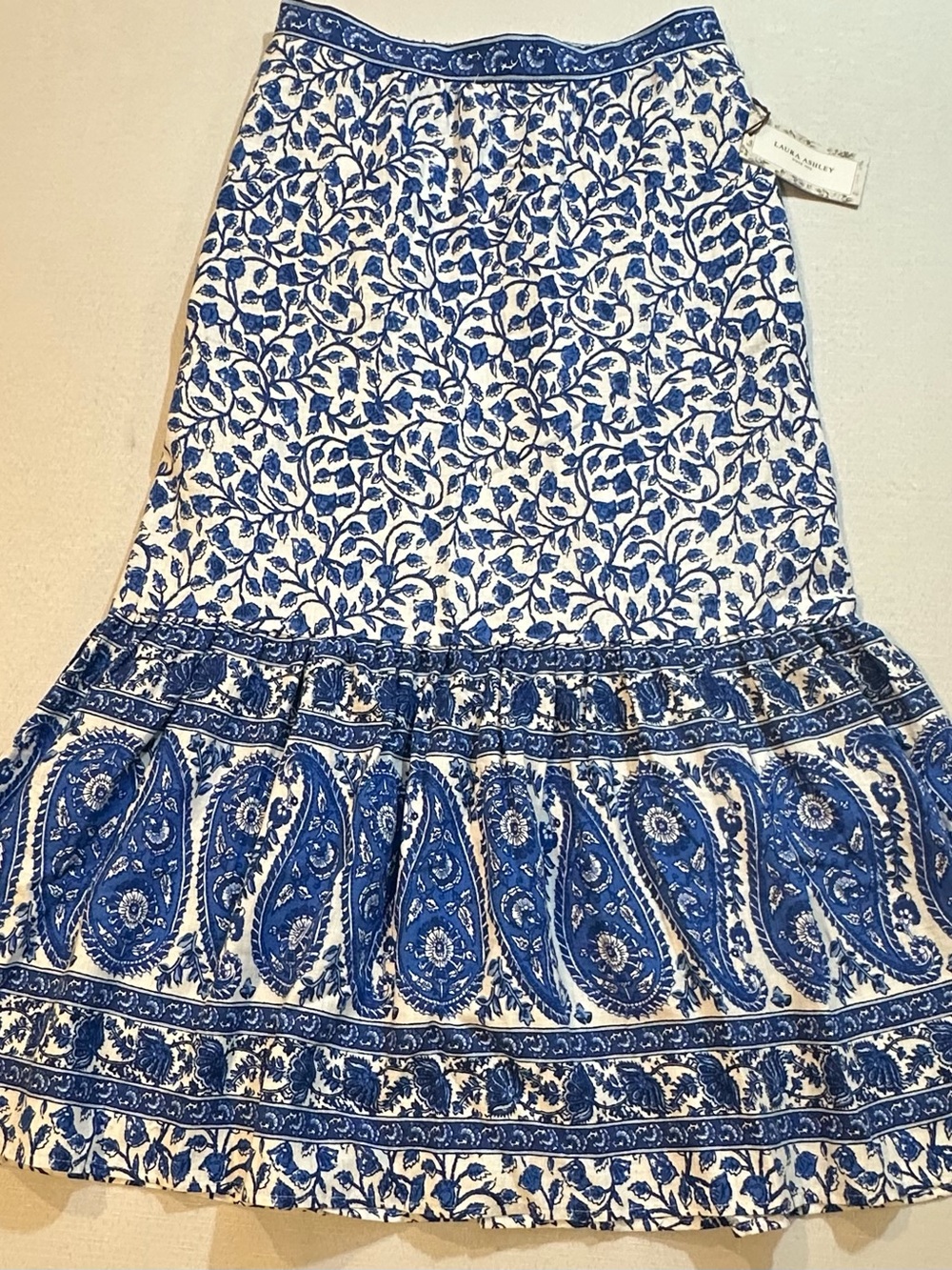 NWT Laura Ashley Blue White Floral Paisley Linen Blend Maxi Skirt S